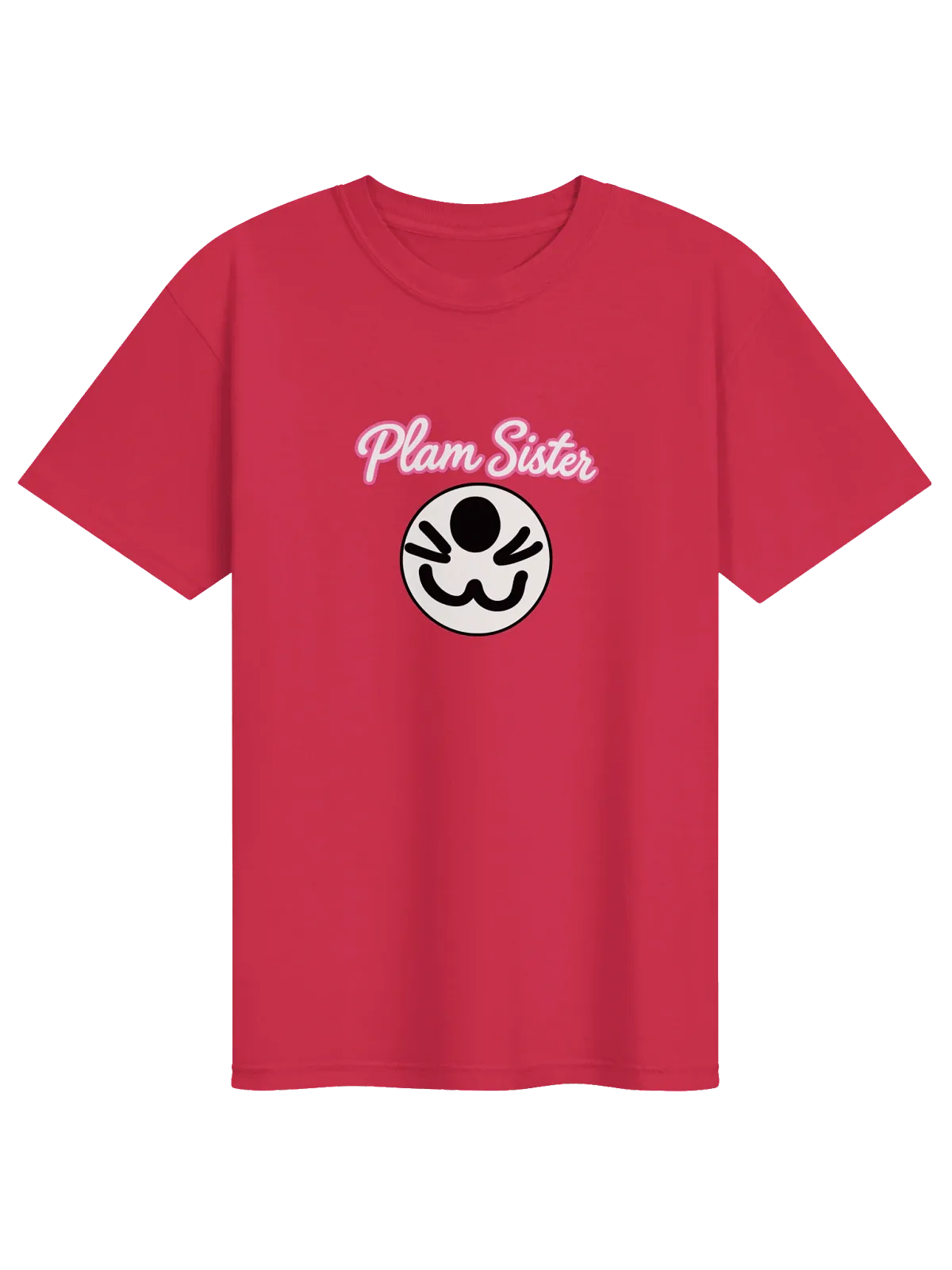 Red adult Plam Sister Shirt with a playful Plam character